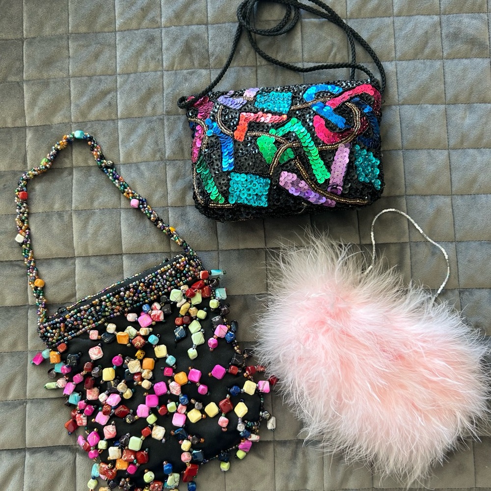 Set of Three Decorative Mini Bags - Beaded, Sequin & Pink Feather